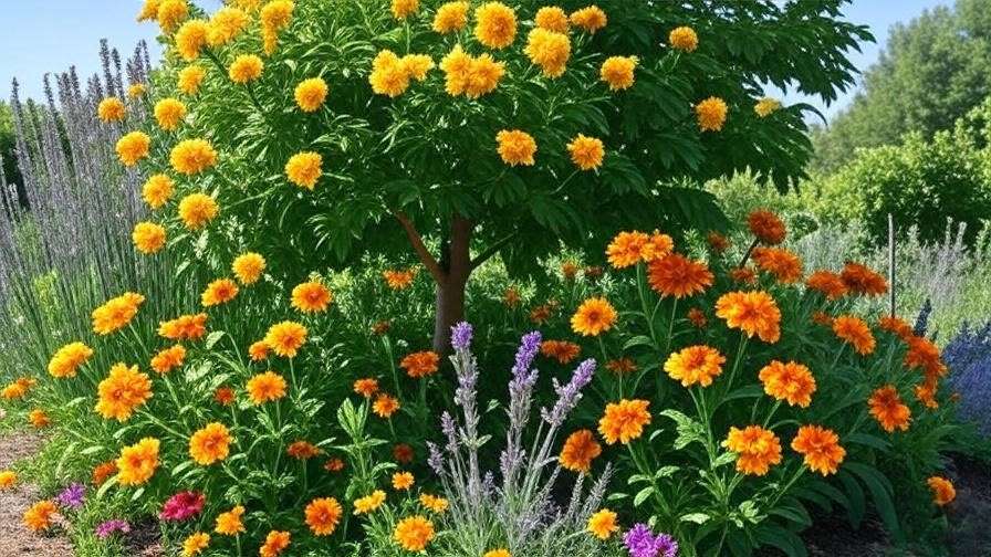 "Lemonade tree with marigold and lavender companion plants in a garden"