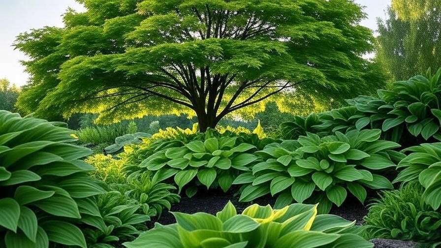 Garden landscape with a green maple tree and companion plants like hostas and ferns"