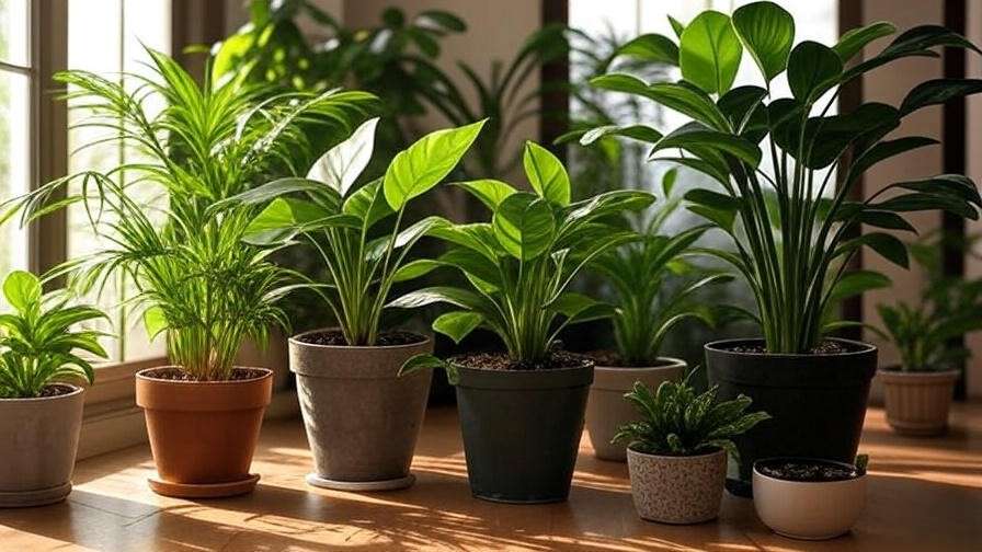 "Collection of potted palms with pothos and snake plants in a sunny indoor space".