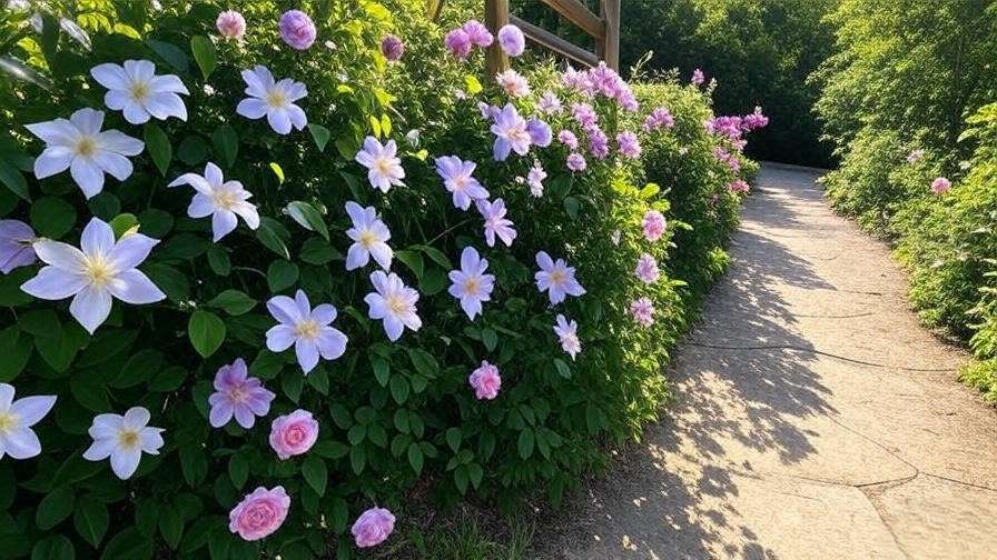 Garden bed with alpine clematis, roses, and lavender on a trellis.