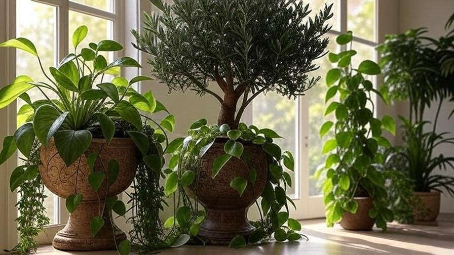 Black olive tree indoor with ferns and pothos in tropical decor setup.