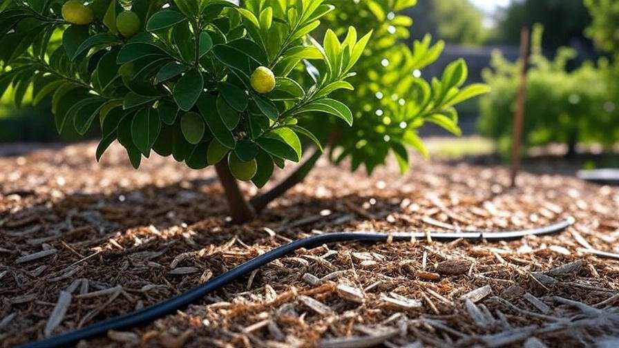 Mulched lime tree with drip irrigation and pruned branches in garden
