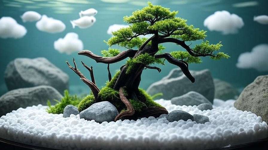 Zen aquascape with aquarium bonsai tree and white cloud minnows.