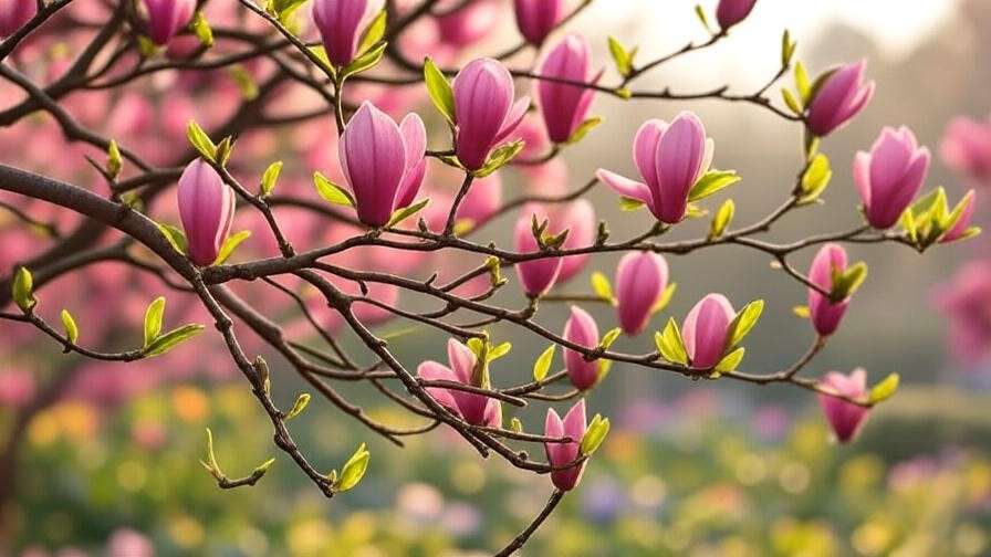 "Close-up of magnolia tree branch with vibrant pink blooms in a spring garden."