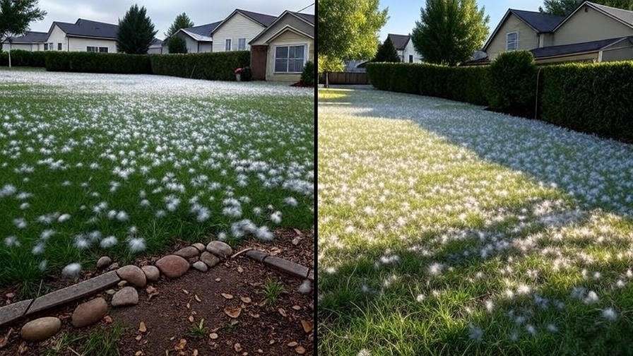Before-and-after yard transformation from cottonwood seed mess to clean lawn with hedge."