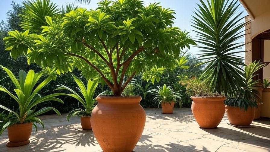 Thriving Jamaican cherry tree in a terracotta pot on a sunny patio with tropical plants."