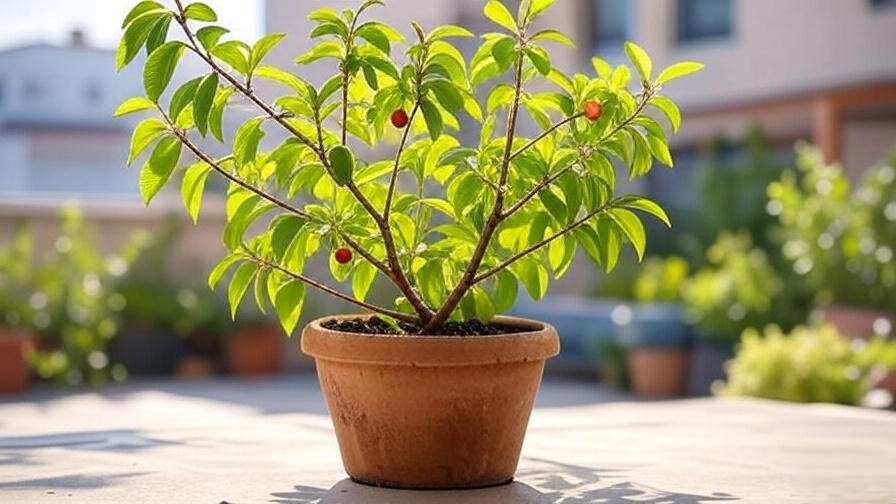Bush cherry tree in a pot on a patio with green leaves and ripe cherries.