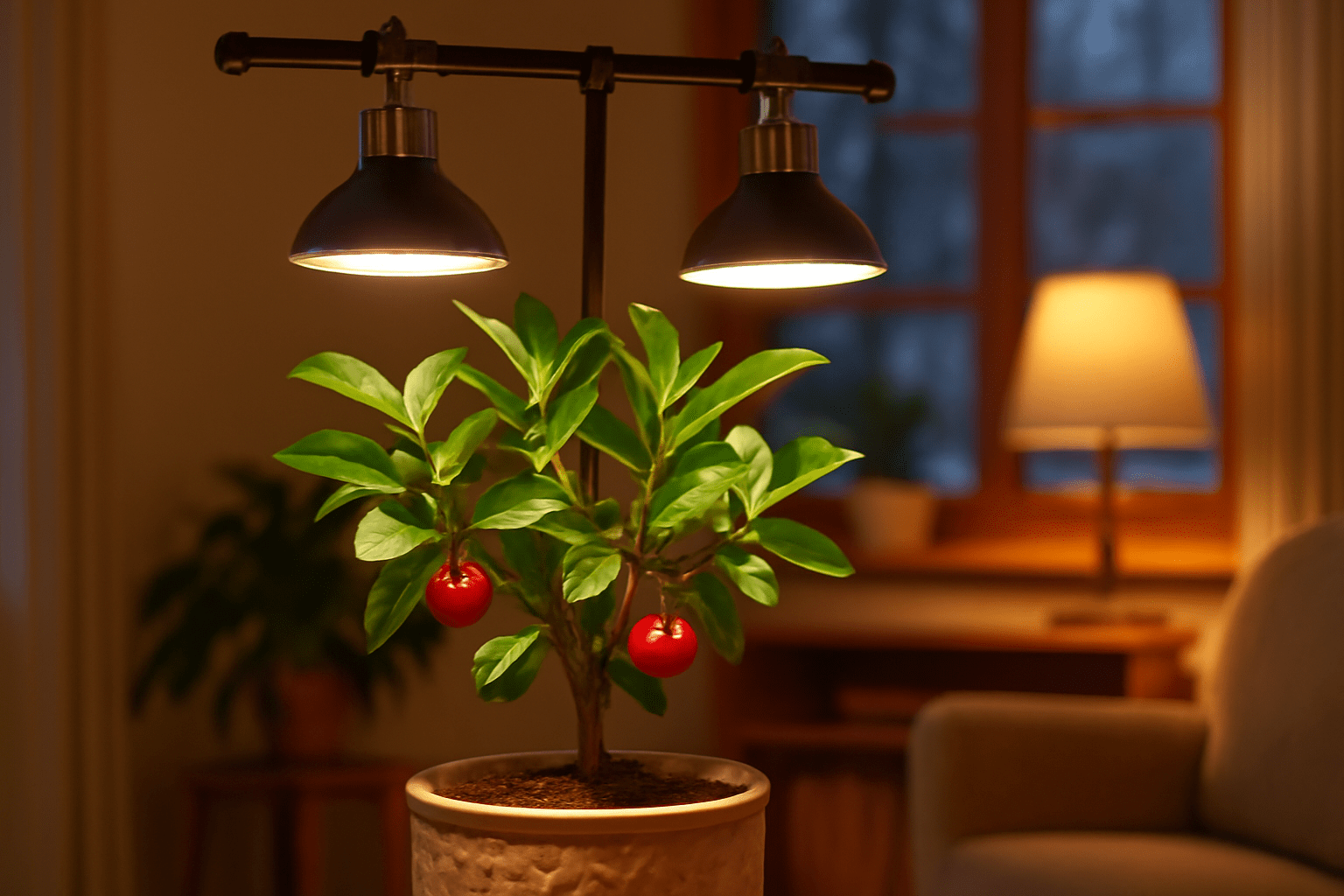 Barbados cherry tree in a decorative pot under grow lights in a warm indoor room with winter view."