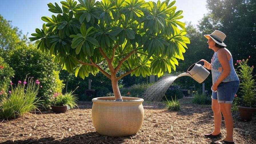 Black Mission Fig Tree in a container being watered on a sunny patio"