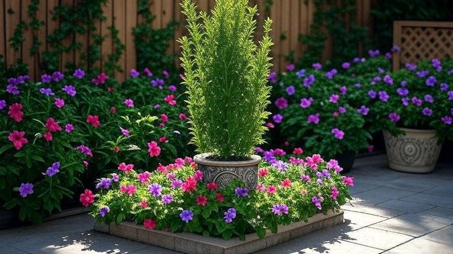 "Sky Pencil Holly tree in a pot on a patio with colorful flowers for container gardening".