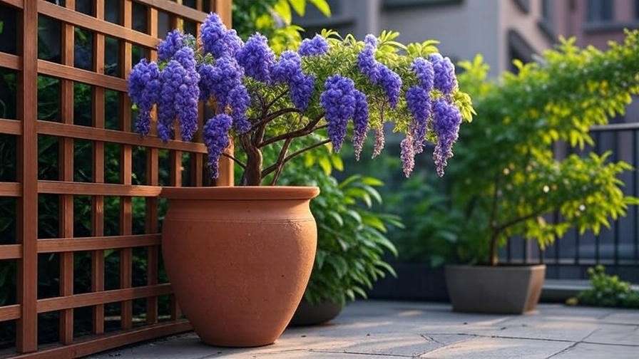 Blue wisteria tree in a terra-cotta pot on an urban patio with trellis support."