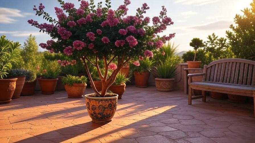 Zuni Crape Myrtle tree in a decorative pot on a sunny patio