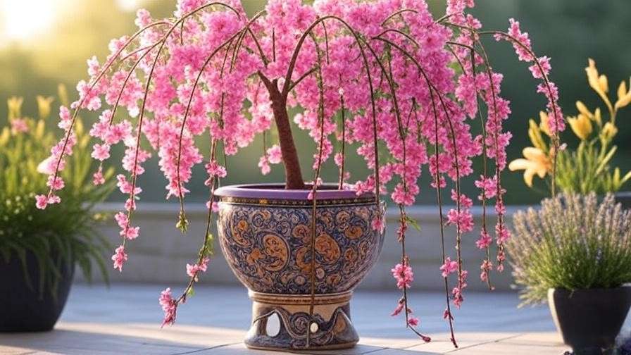 Weeping peach tree in a pot with lavender and daylilies on a sunny patio."