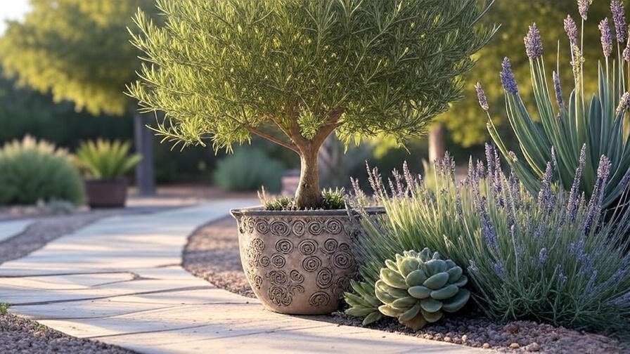 Wilsonii olive tree in a pot with lavender and succulents on a patio