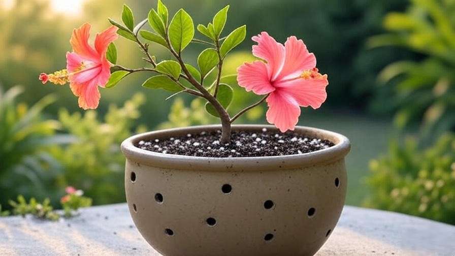"Single hibiscus tree in a pot with drainage holes and well-draining soil in a bright garden."