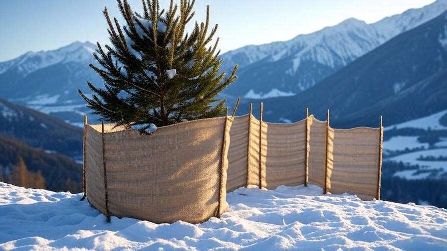 Young mountain tree wrapped in burlap with windbreak in snowy alpine mountains".