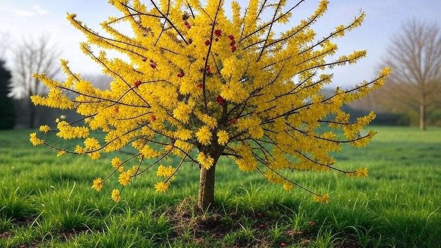 Cornelian Cherry tree with yellow blooms and red fruit in spring grass.