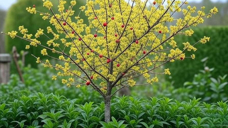 Cornelian Cherry tree with yellow flowers and red fruit in a spring garden"