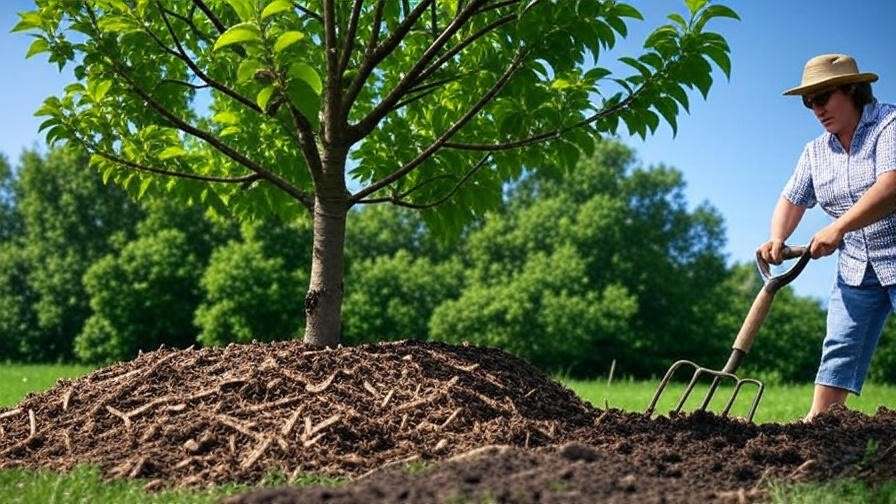 "Gardener aerating soil and adding mulch around a cherry tree"