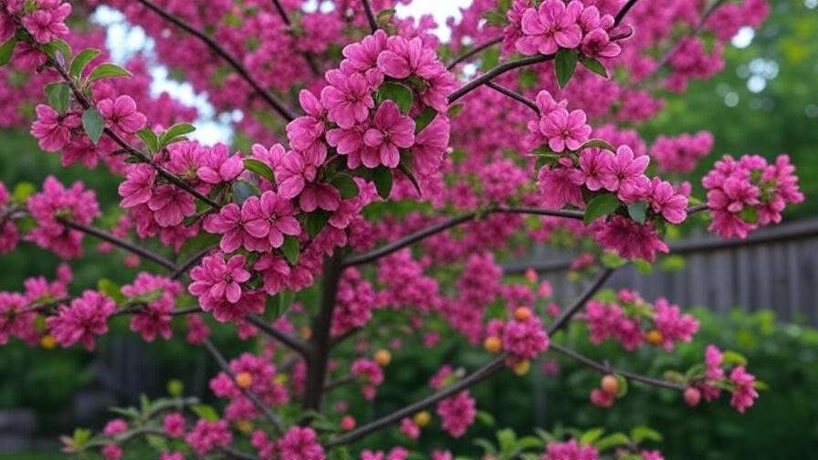 Close-up of crabapple tree with pink blooms and colorful fruits in a garden".