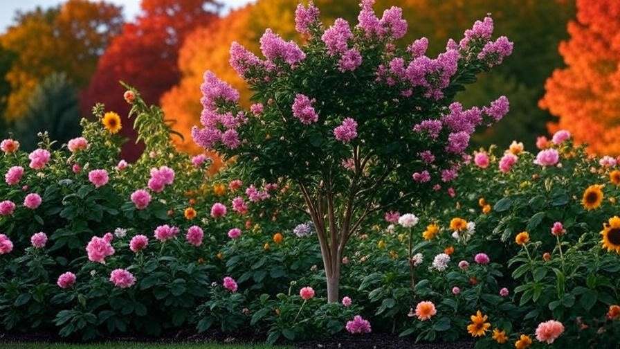 Crape myrtle tree with pink blooms and fall foliage in a garden".