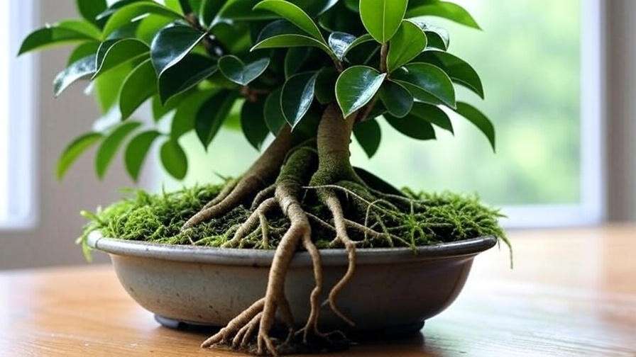 Ficus bonsai tree with aerial roots wrapped in sphagnum moss in a humid indoor setting."