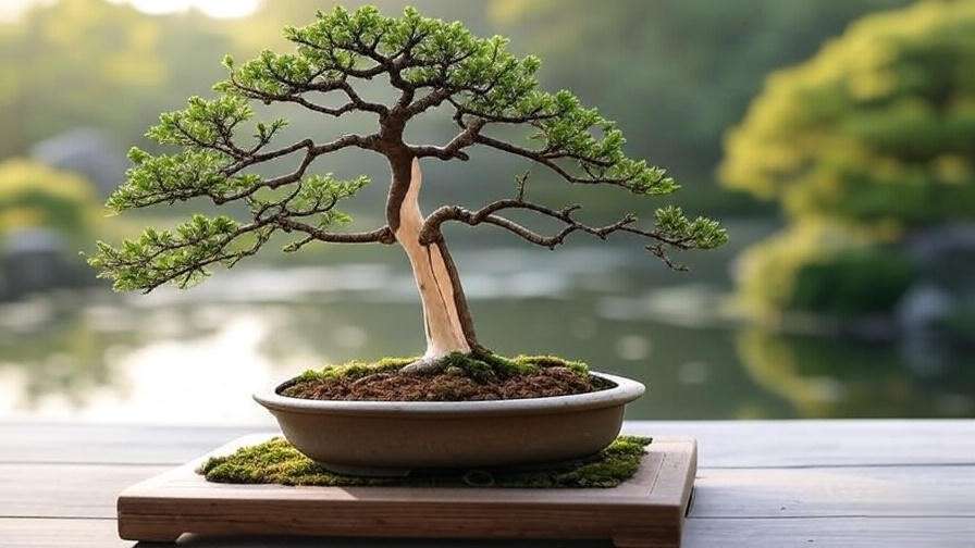 "Bonsai oak tree with jin and shari techniques on a wooden stand.