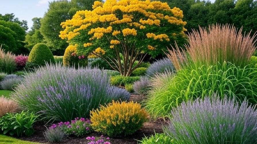 Garden with Tabebuia tree as focal point and lavender companion plants"