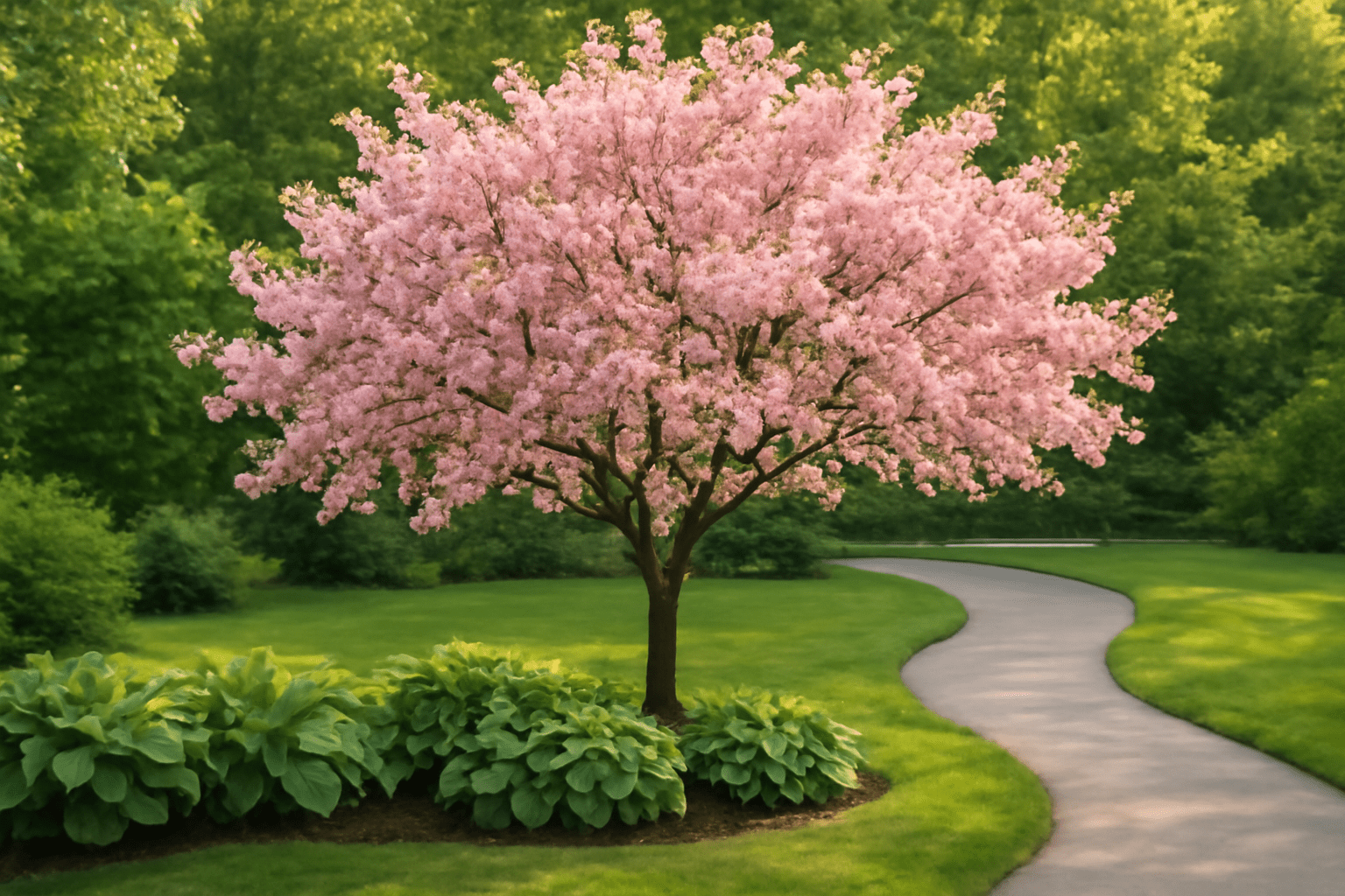 apanese flowering cherry tree in pink bloom with hostas and a garden pathway"
