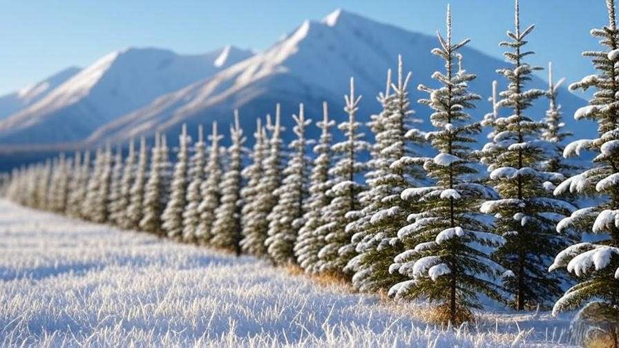 "Young black spruce and white spruce trees planted as a windbreak in snowy Alaskan landscape with mountains."