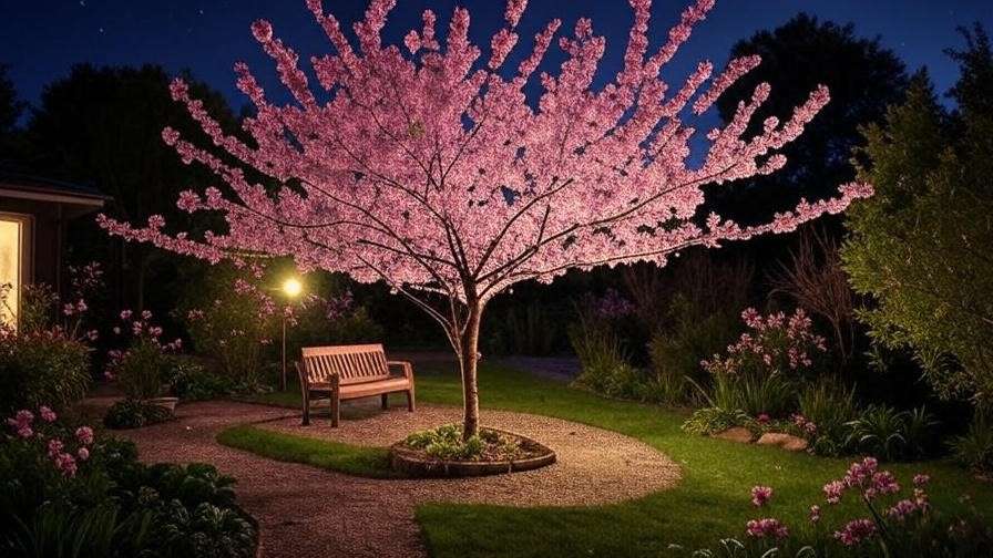 Night view of pink flowering cherry tree with solar lights and bench.