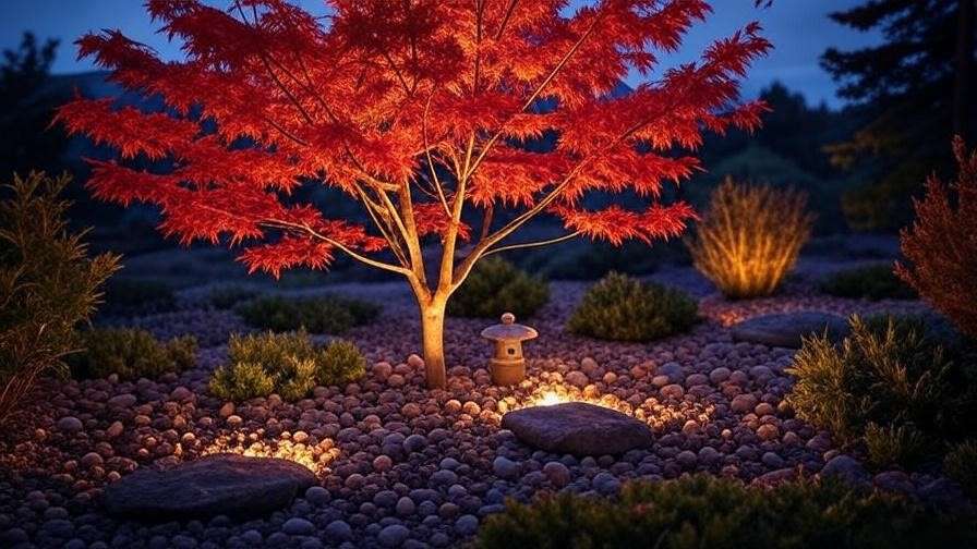 Japanese Fireglow Maple as focal point in a Zen-inspired small garden with shrubs and pebbles".