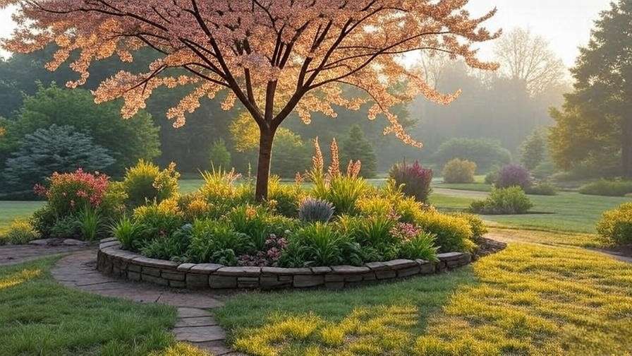 Cherry blossom tree as a garden focal point with flower bed and stone path".