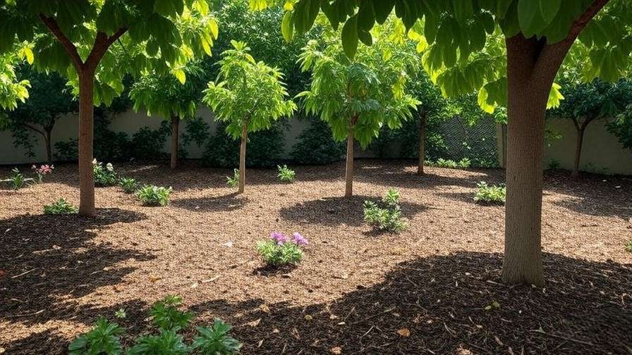 Garden with spaced trees and mulched soil in fungi-resistant environment."