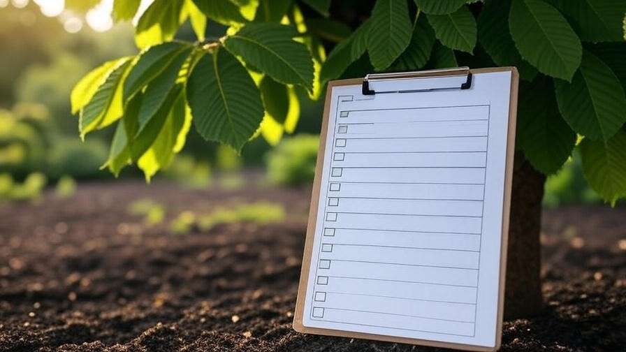 Clipboard with checklist near chestnut tree with lush leaves".