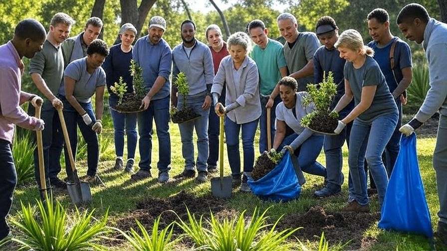 Community group removing Tree of Heaven seedlings with shovels in a native plant garden".