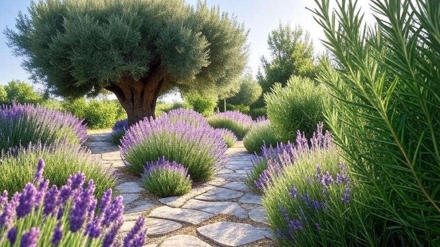 "Mediterranean garden with Kalamata olive tree and lavender stone pathway."