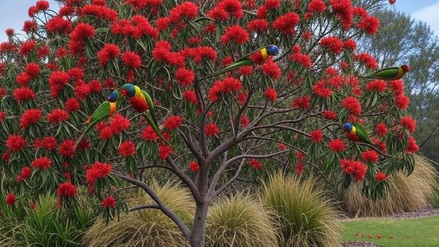 Red Flowering Gum tree with colorful parrots in a sustainable native garden".