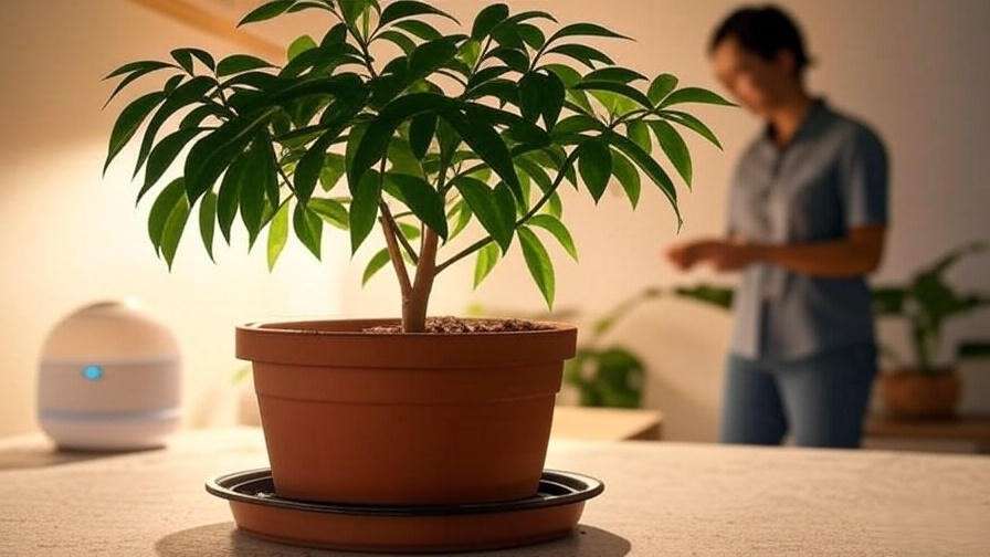 Indoor cinnamon tree in a terracotta pot with humidifier and grow lights