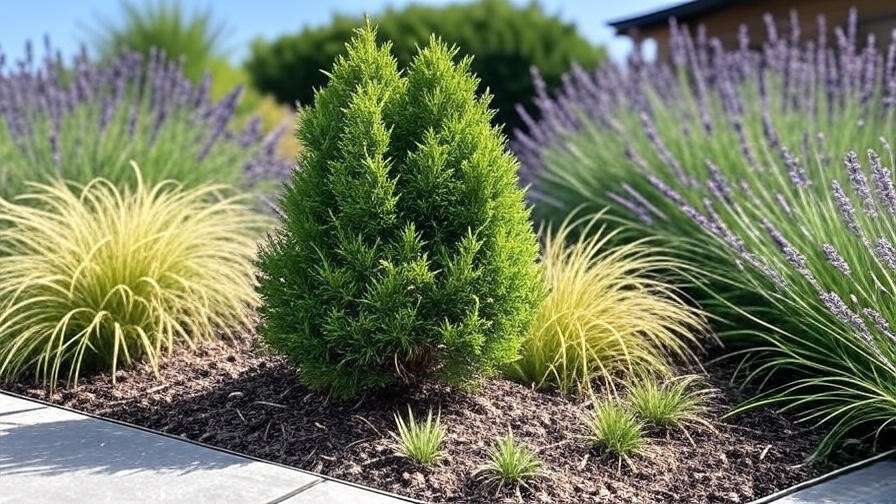 Small garden with Blue Arrow Juniper and lavender under a clear sky."