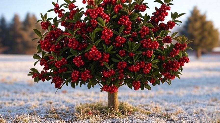 "Savannah Holly Tree with berry garlands in a snowy festive garden setting."