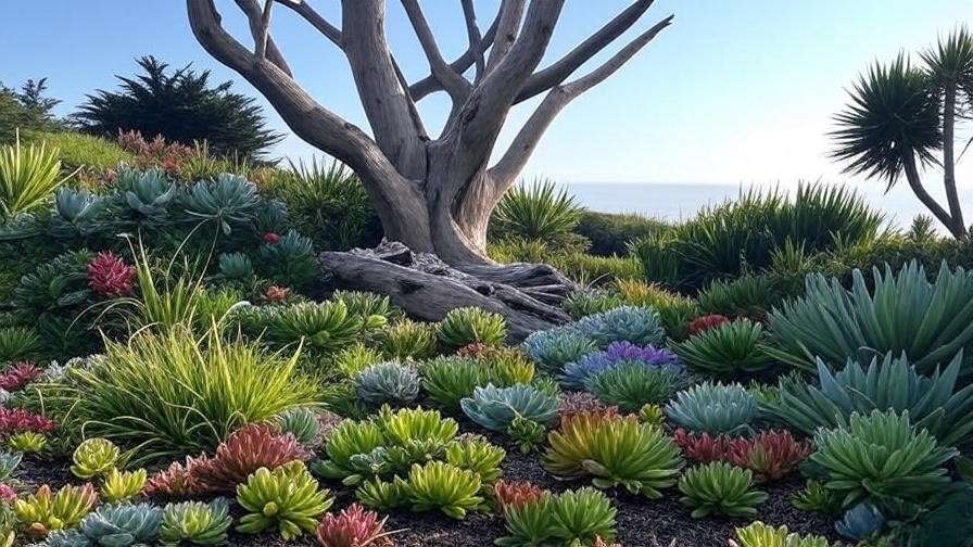 Coastal garden with a driftwood tree surrounded by succulents and native grasses.