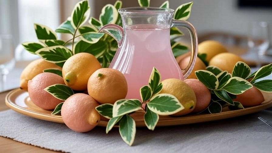 Pink lemonade pitcher with Lemon Tree Pink fruit and leaves as decor."