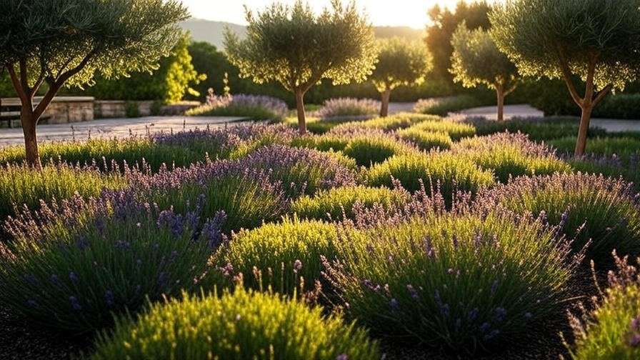 Little Ollie olive trees in a hedge with lavender in a sunny garden patio"