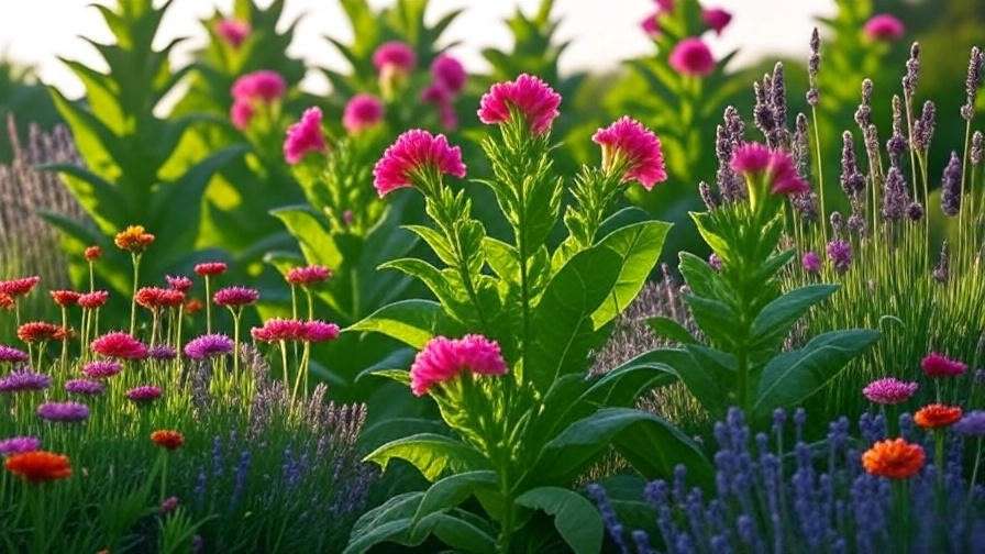Garden border with tobacco trees, lavender, and zinnias at golden hour.