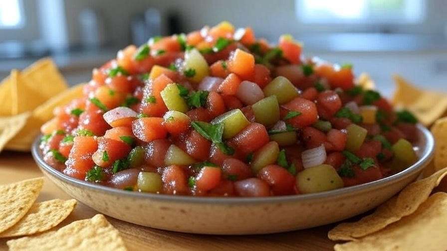 Colorful tree tomato salsa with diced tamarillos, onions, and cilantro served with tortilla chips."