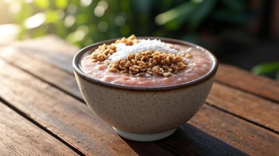 Tropical cherimoya smoothie bowl with granola and coconut on a wooden table".