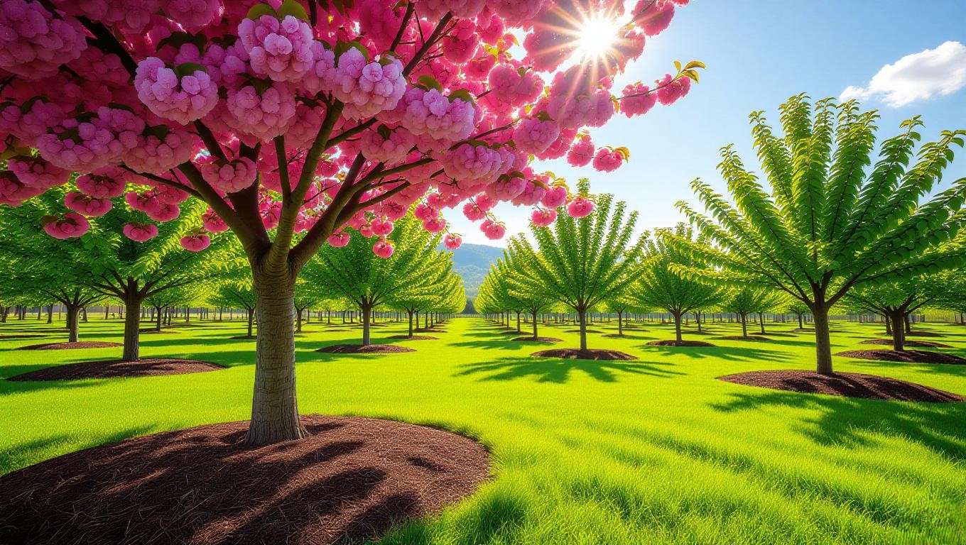 Cherry tree with well-draining soil and mulch in a sunny orchard to prevent stem canker."