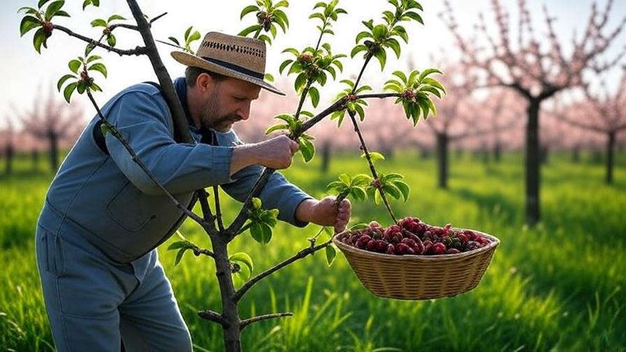 "Gardener pruning cherry tree with tools and basket of thinned fruit.