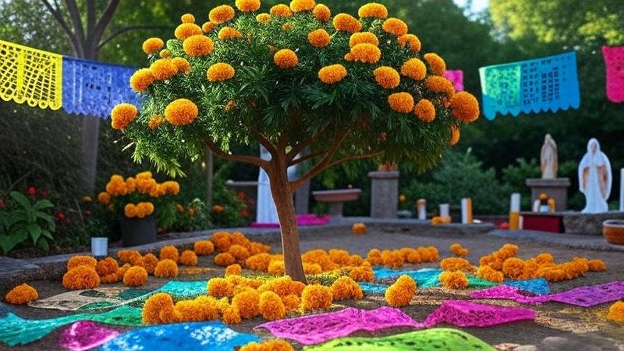 Marigold tree centerpiece in a Day of the Dead garden display